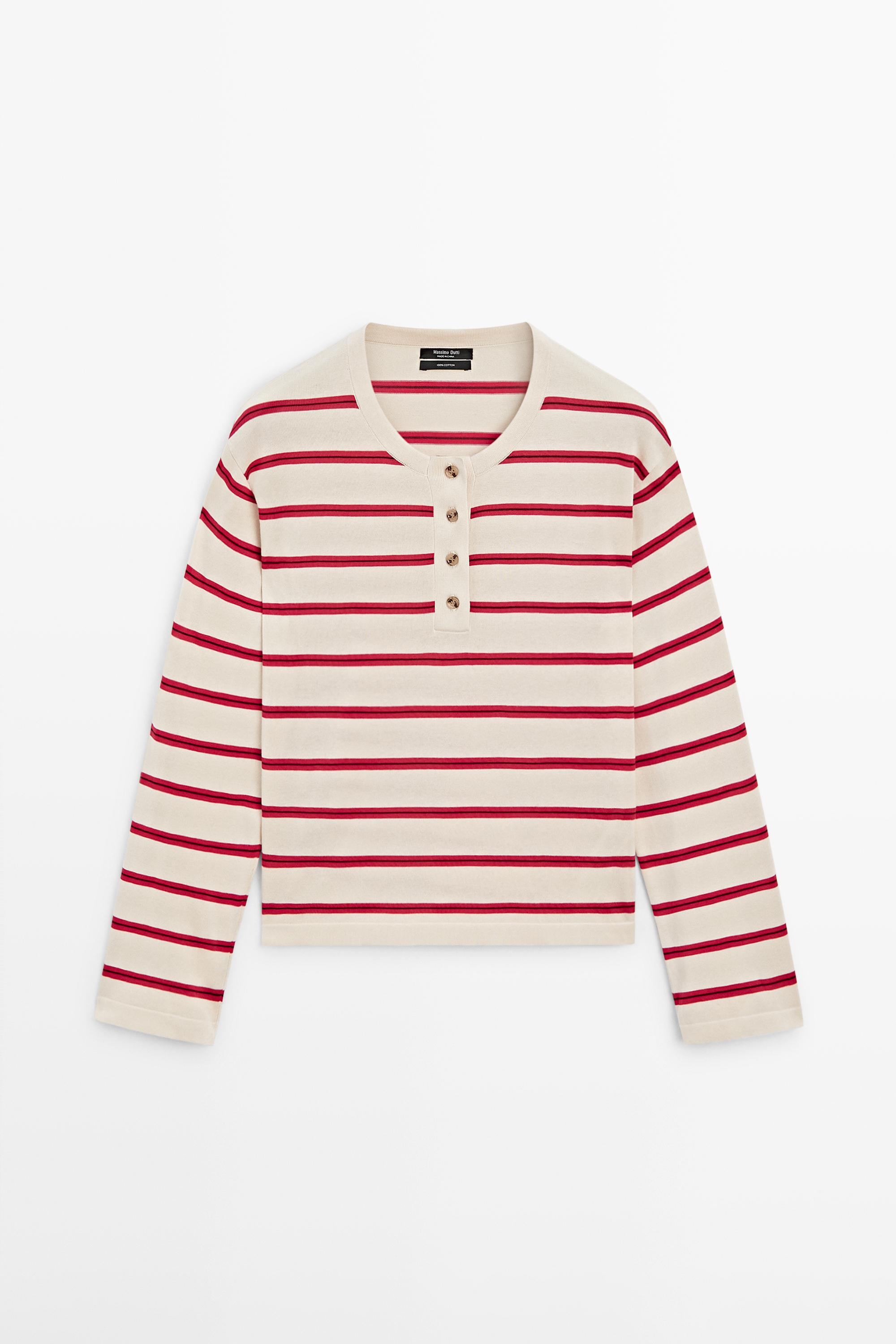 Pull en maille à rayures 100 % coton et col tunisien